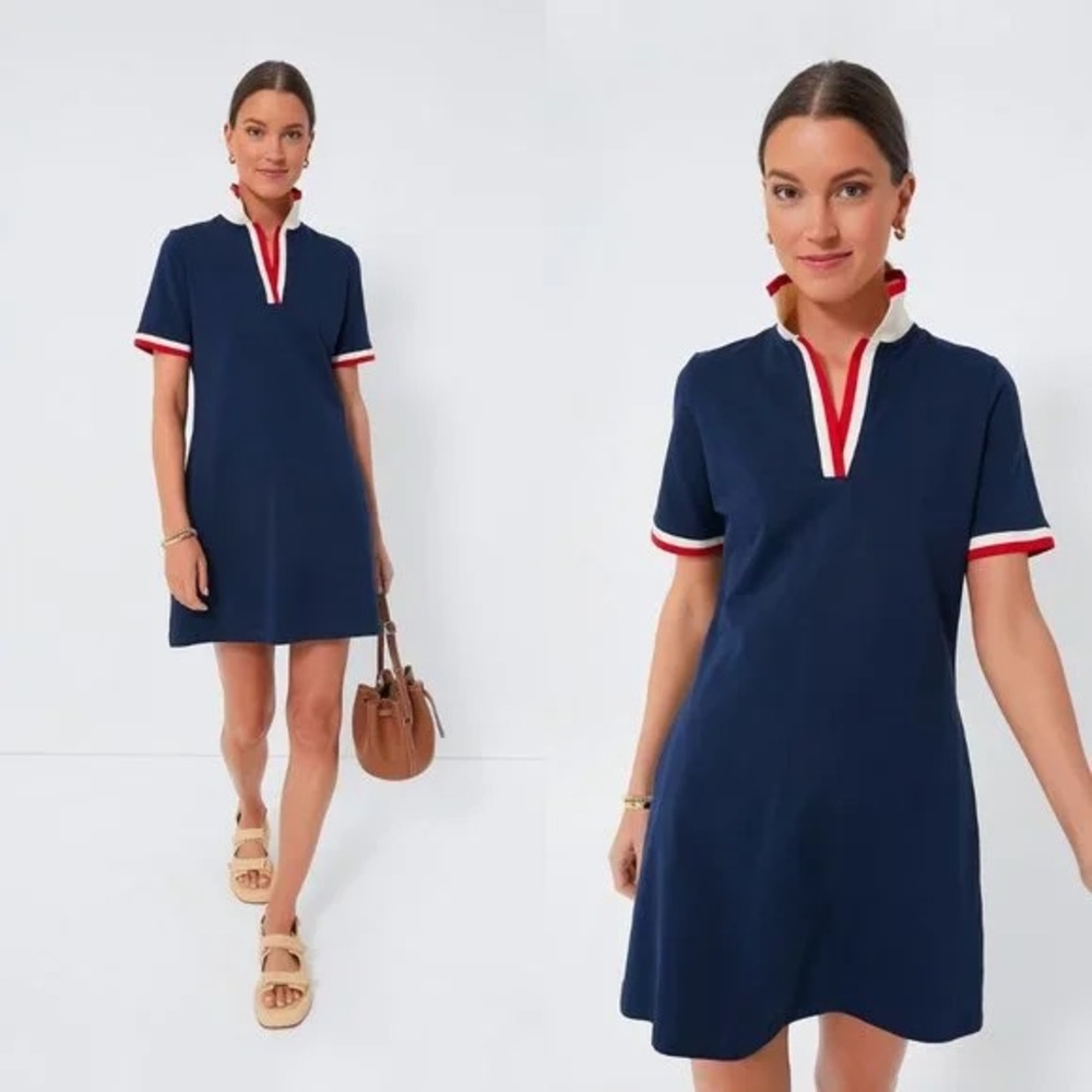 NWOT Tuckernuck Navy Blue Polo Dress with Red and White Trim